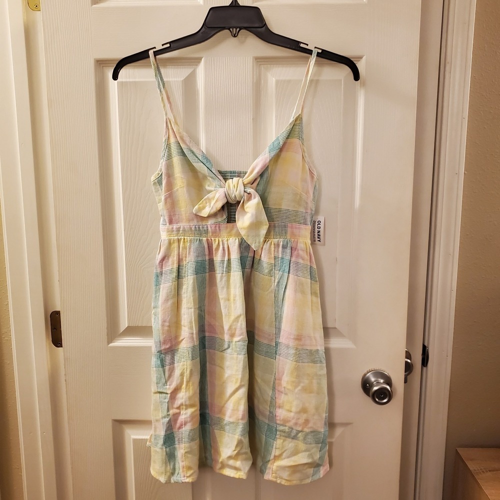 Old Navy sz S linen blend sundress plaid‎ madras tie front NWT spring summer